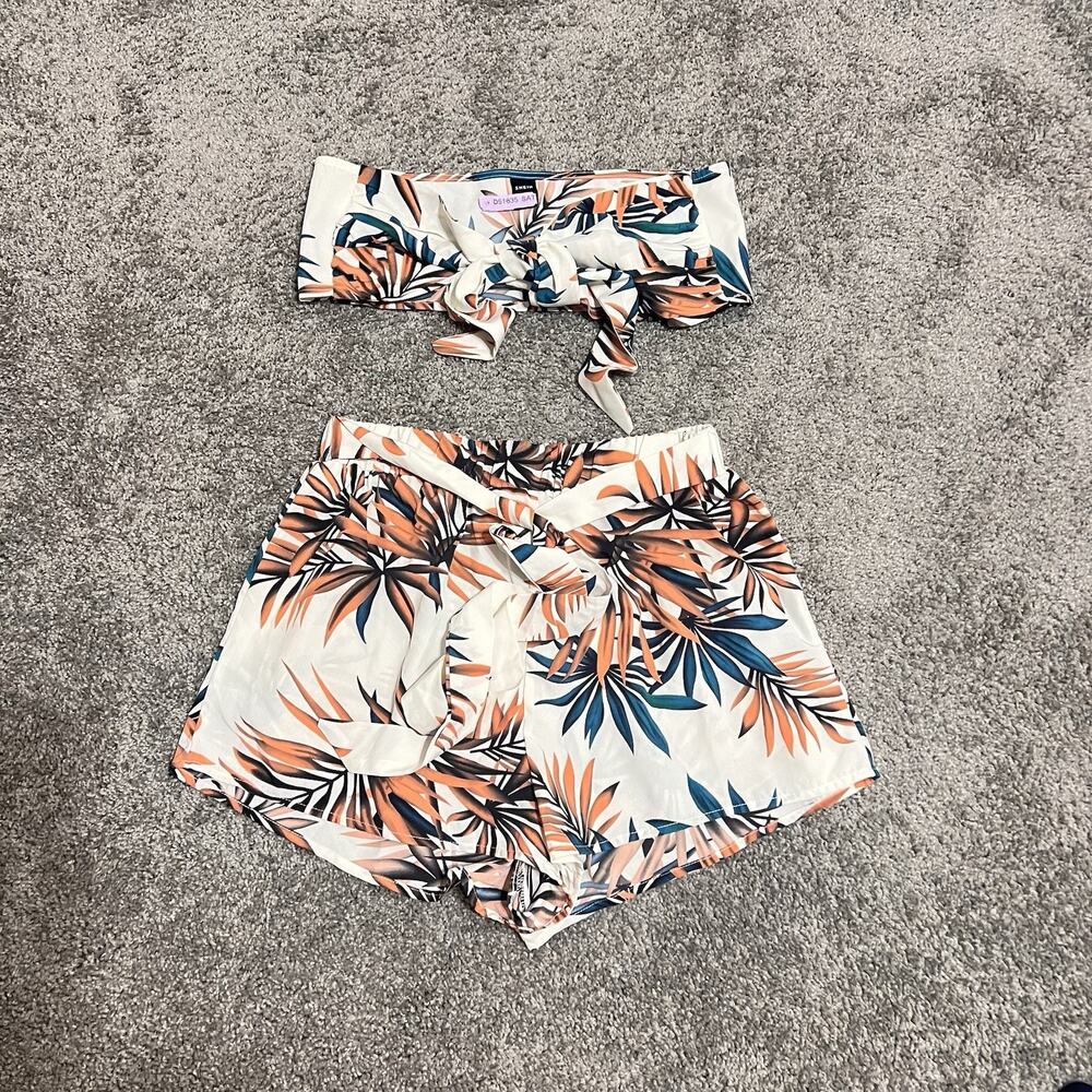 SHEIN Tropical Two Piece Set L | Bandeau Top & Shorts | Resort Vacation Boho